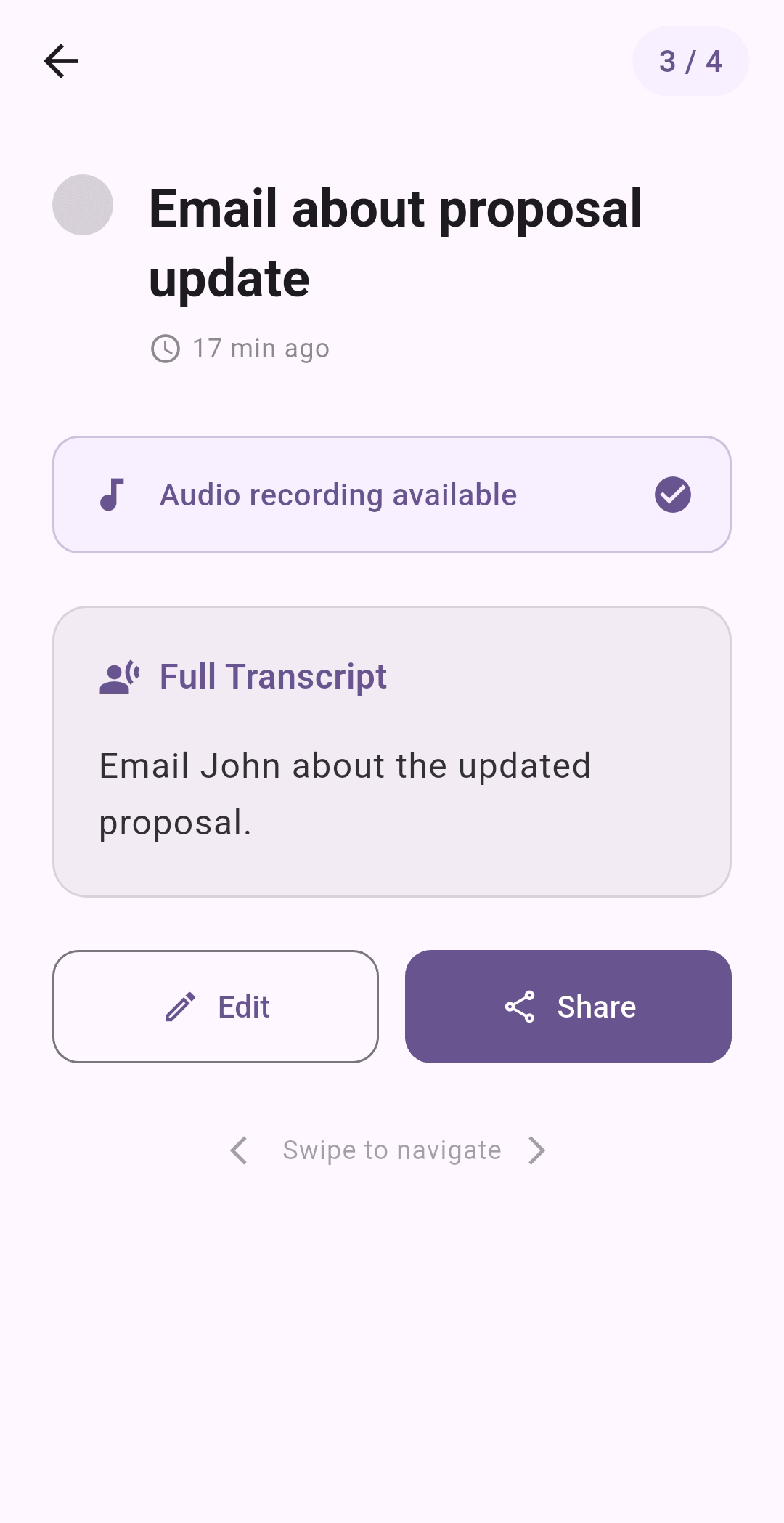 SayDo task detail screen displaying full voice transcript and audio recording options